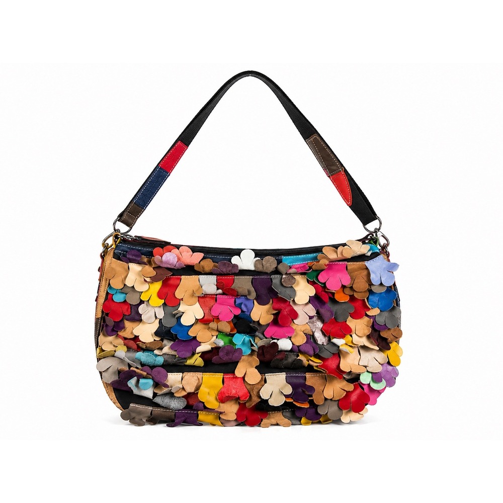 Vintage Y2K Boho Multicolor Leather Appliqué Patchwork Hobo Shoulder Bag